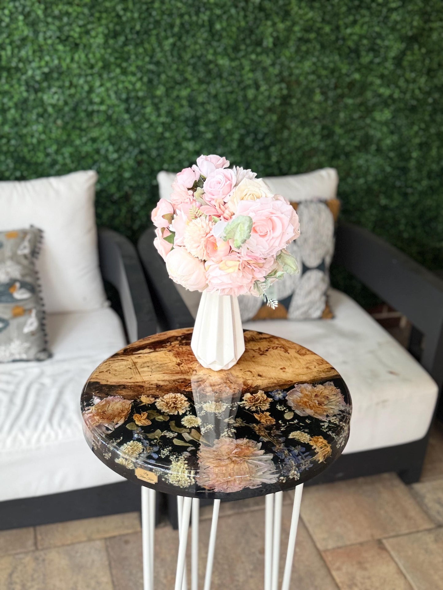 Handmade Live edge epoxy resin flower side table large 18" - heat and alcohol resistant top, customization available. preserve your flowers, bouquets