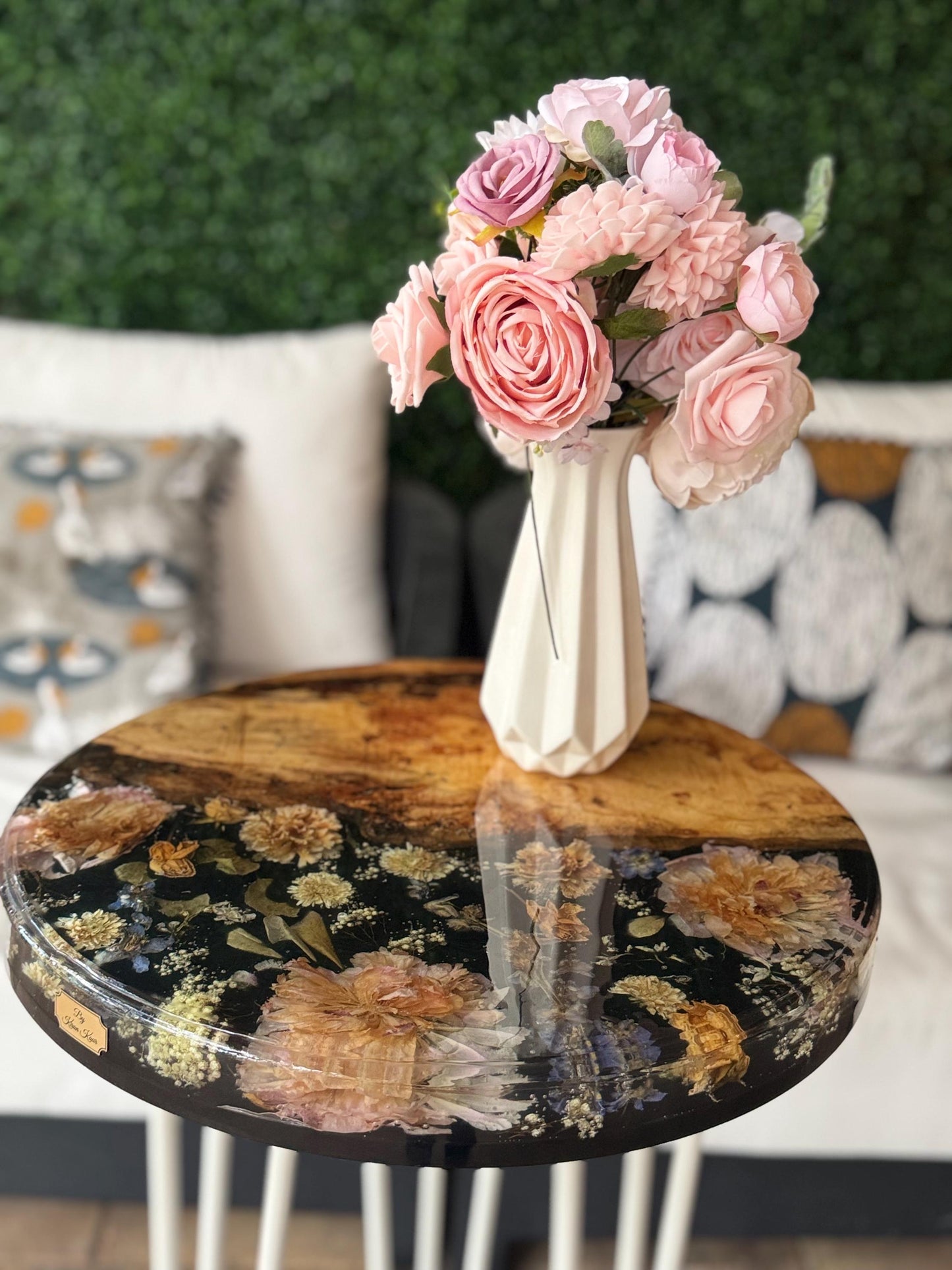 Handmade Live edge epoxy resin flower side table large 18" - heat and alcohol resistant top, customization available. preserve your flowers, bouquets