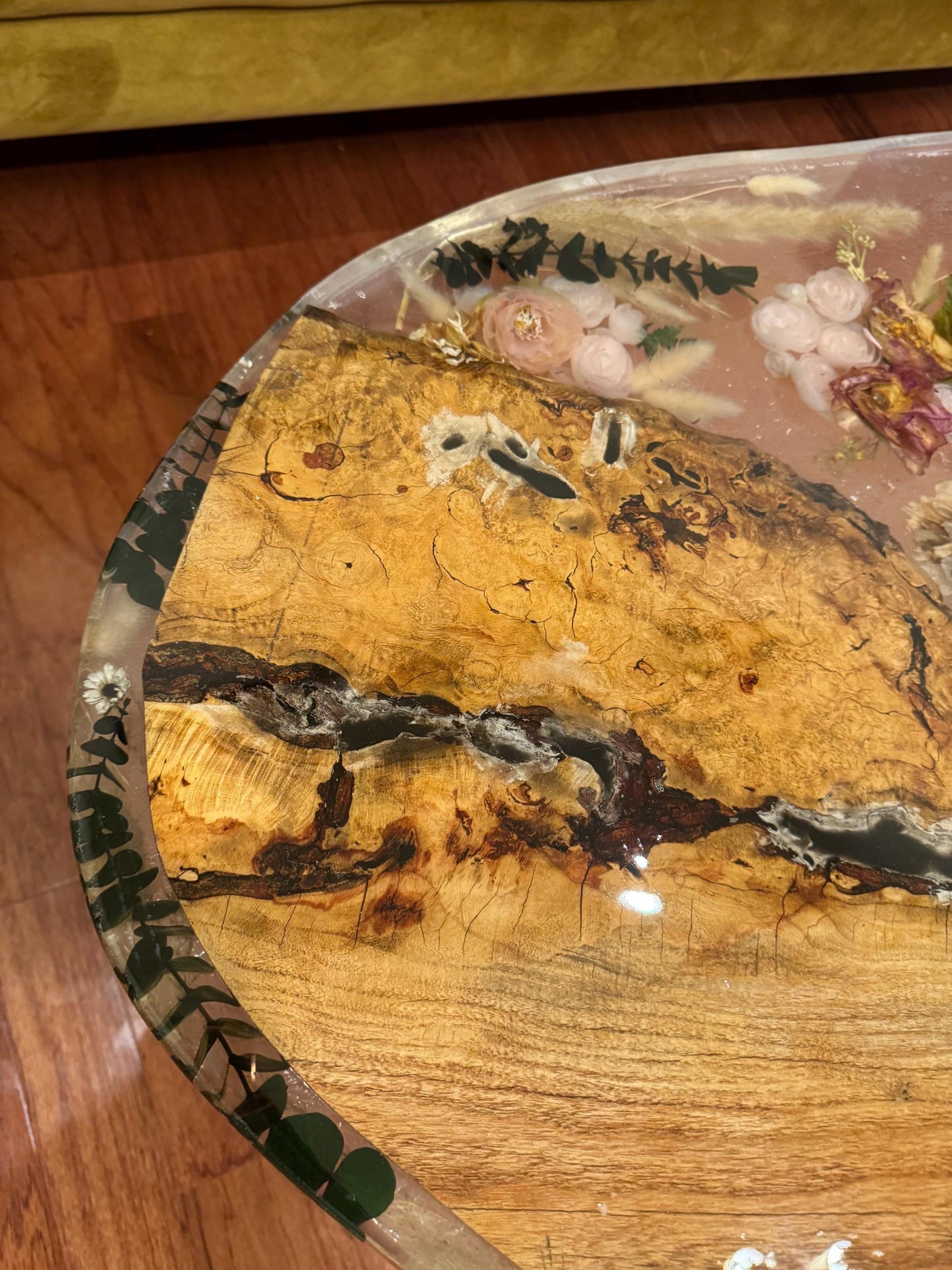Handmade Live edge resin epoxy end table, coffee table oval -real dried flowers and beautiful spalted maple wood- Custom orders available