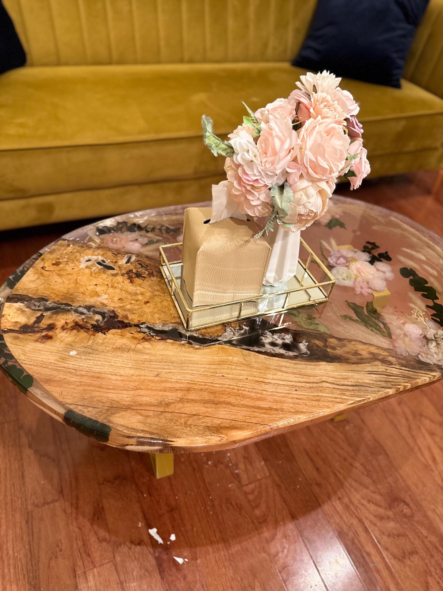 Handmade Live edge resin epoxy end table, coffee table oval -real dried flowers and beautiful spalted maple wood- Custom orders available