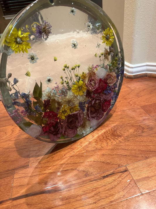 Epoxy resin end side table with real dried flower - large 18”- customization available