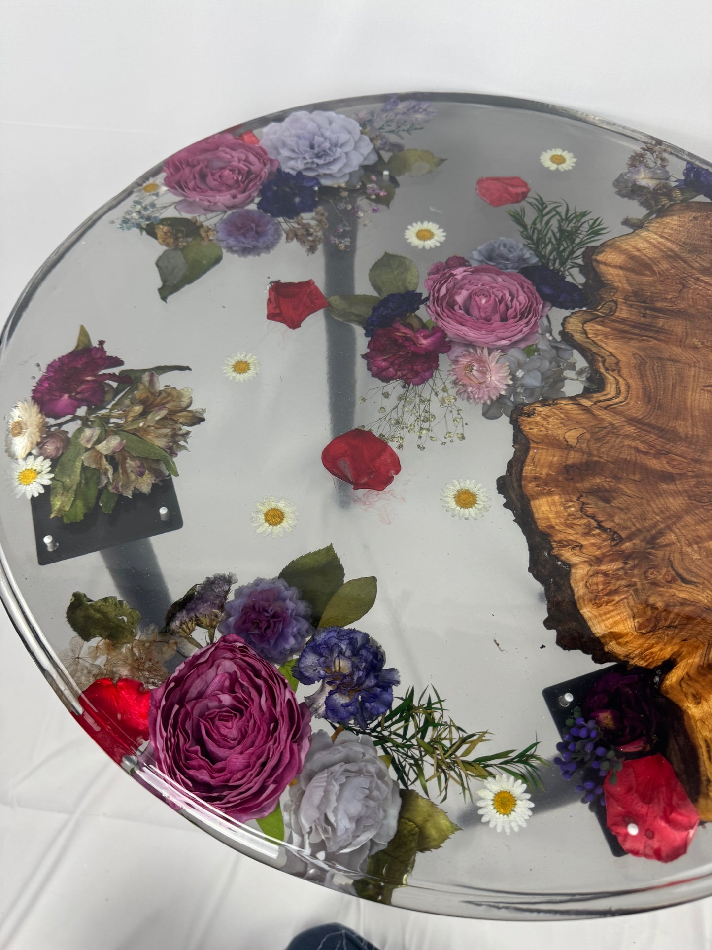 Handmade epoxy resin flower side table with beautiful maple burl live edge large 24" - heat and alcohol resistant top, customization available. preserve your flowers, bouquets