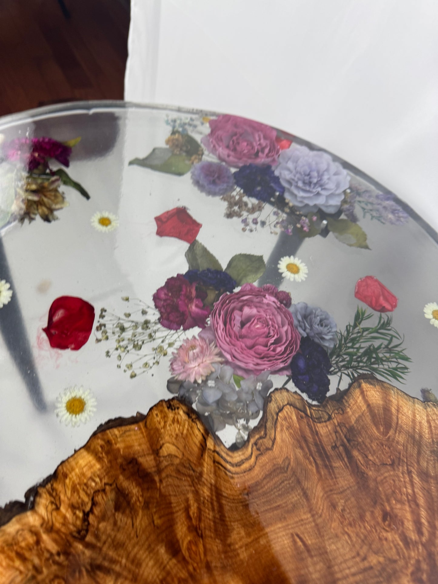 Handmade epoxy resin flower side table with beautiful maple burl live edge large 24" - heat and alcohol resistant top, customization available. preserve your flowers, bouquets