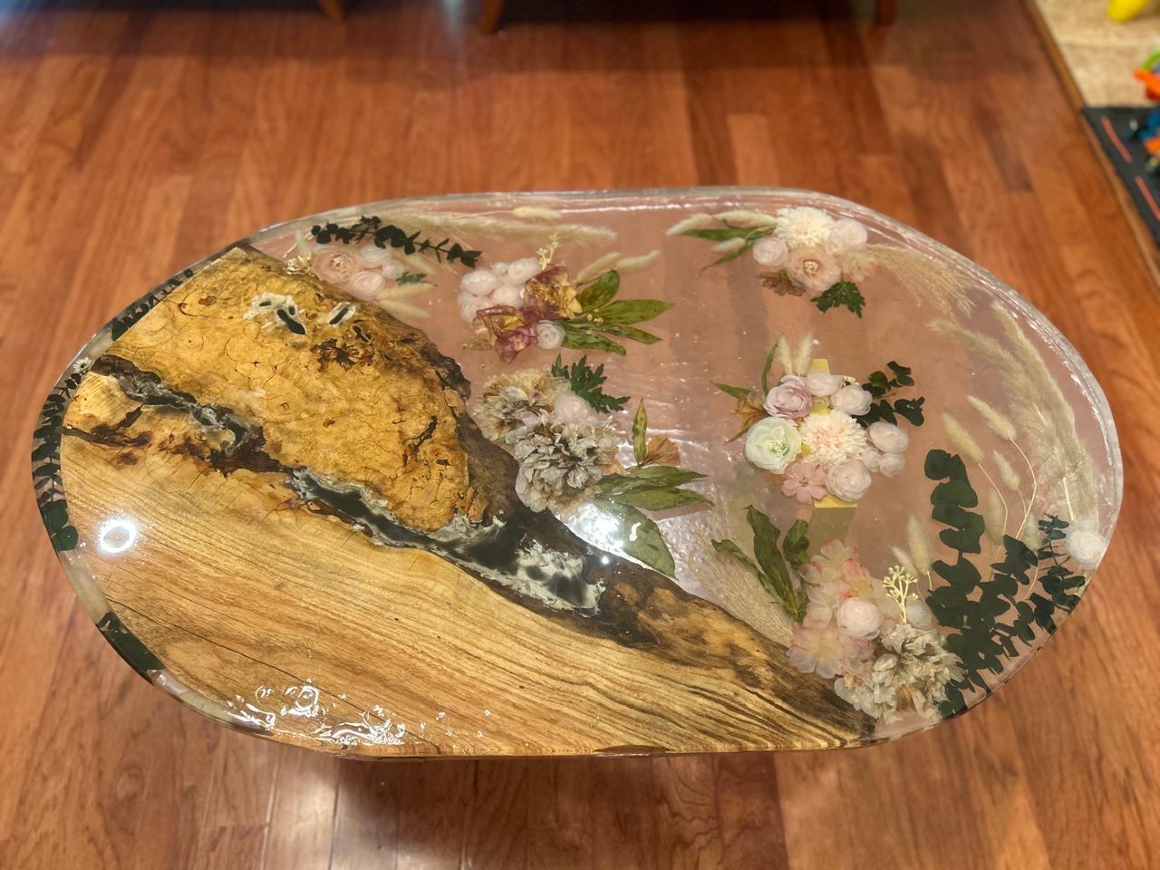 Handmade Live edge resin epoxy end table, coffee table oval -real dried flowers and beautiful spalted maple wood- Custom orders available