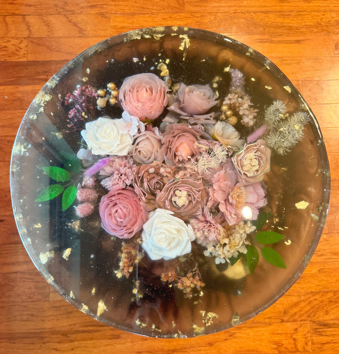 Handmade epoxy resin flower side table large 18" - heat and alcohol resistant top, customization available. preserve your flowers, bouquets