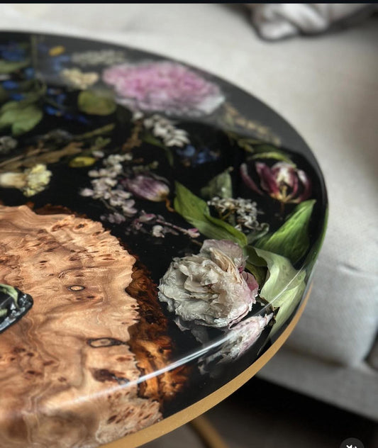 Handmade epoxy resin flower side table large 18" - heat and alcohol resistant top, customization available. preserve your flowers, bouquets