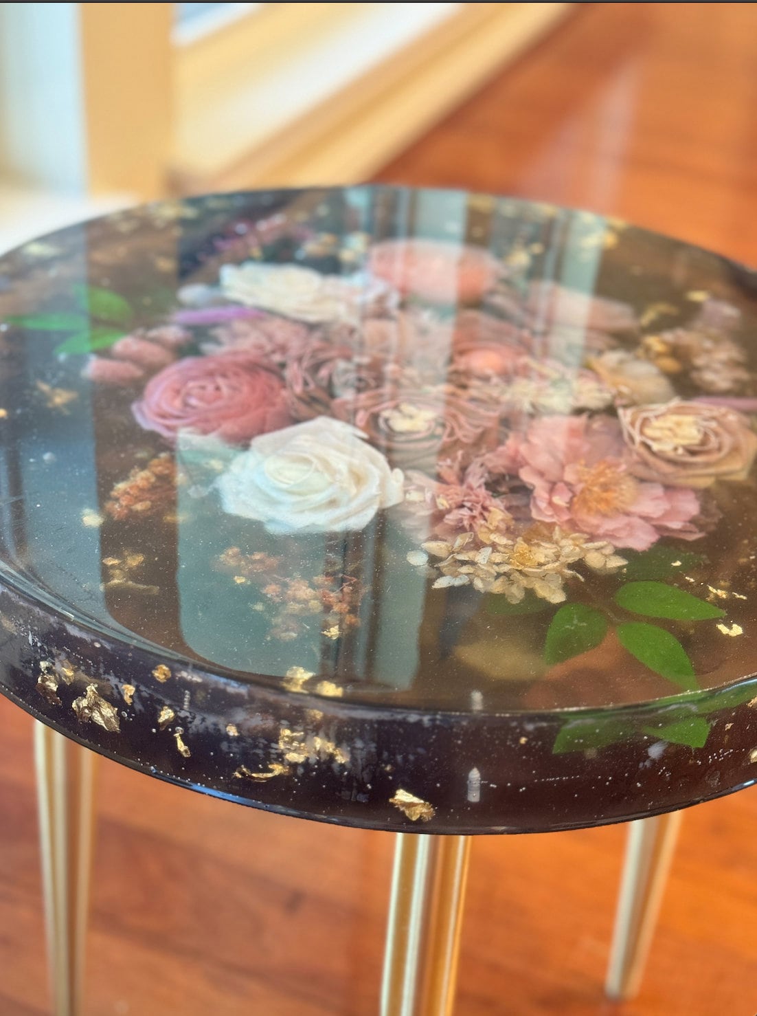 Handmade epoxy resin flower side table large 18" - heat and alcohol resistant top, customization available. preserve your flowers, bouquets