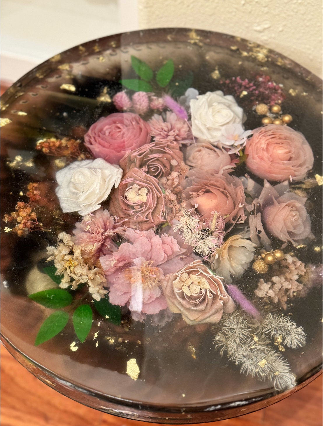 Handmade epoxy resin flower side table large 18" - heat and alcohol resistant top, customization available. preserve your flowers, bouquets