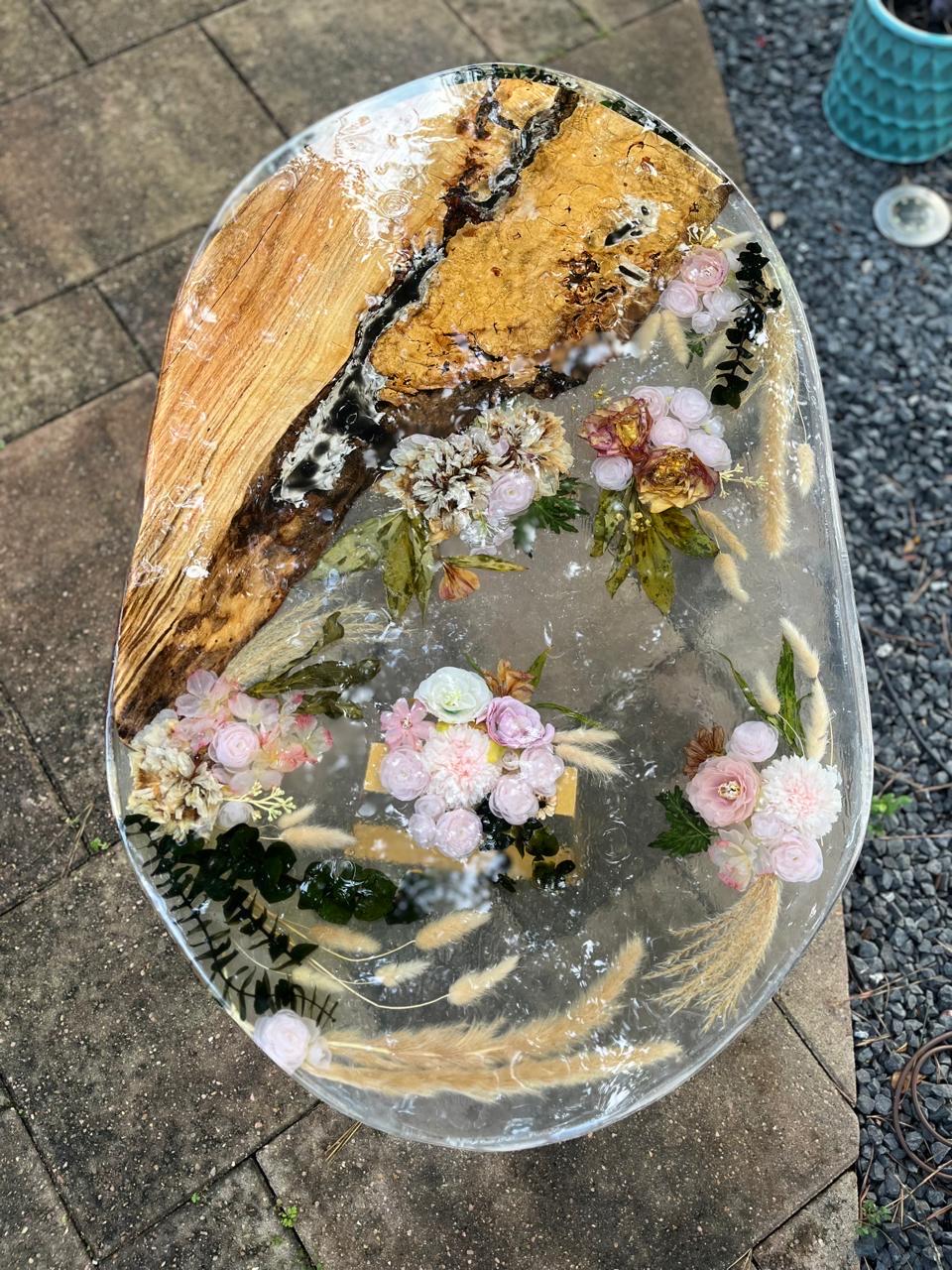 Handmade Live edge resin epoxy end table, coffee table oval -real dried flowers and beautiful spalted maple wood- Custom orders available
