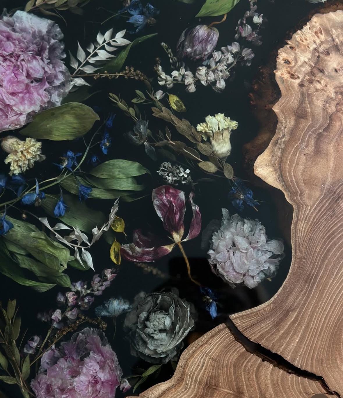 Handmade epoxy resin flower side table large 18" - heat and alcohol resistant top, customization available. preserve your flowers, bouquets