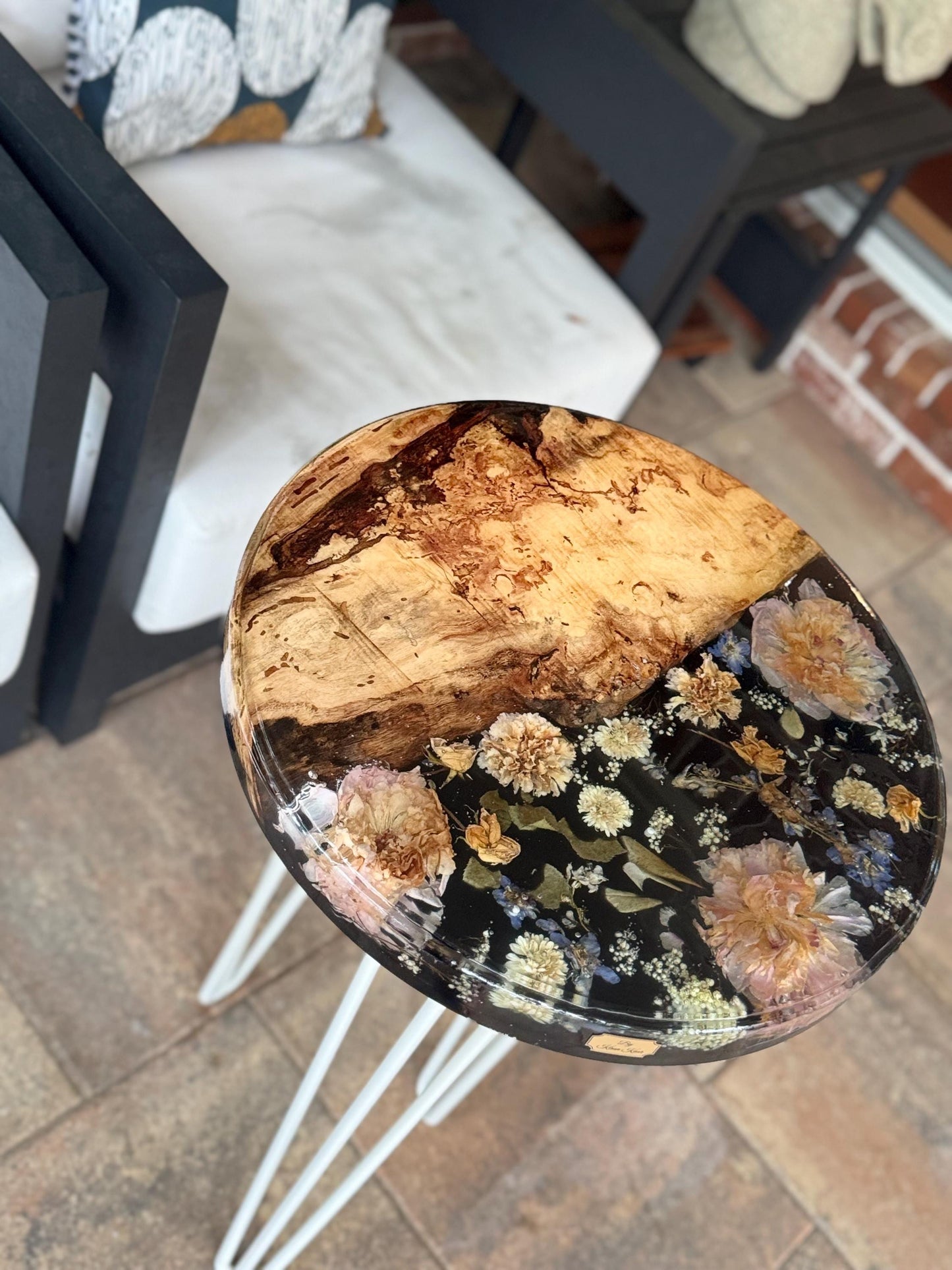 Handmade Live edge epoxy resin flower side table large 18" - heat and alcohol resistant top, customization available. preserve your flowers, bouquets