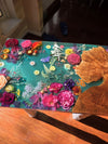 Handmade Teal and flower Epoxy side Table