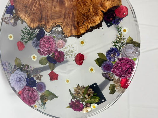 Handmade epoxy resin flower side table with beautiful maple burl live edge large 24" - heat and alcohol resistant top, customization available. preserve your flowers, bouquets