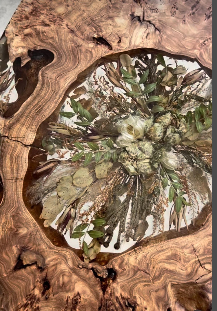 Handmade epoxy resin flower side table with beautiful live edge large 24" - heat and alcohol resistant top, customization available. preserve your flowers, bouquets.