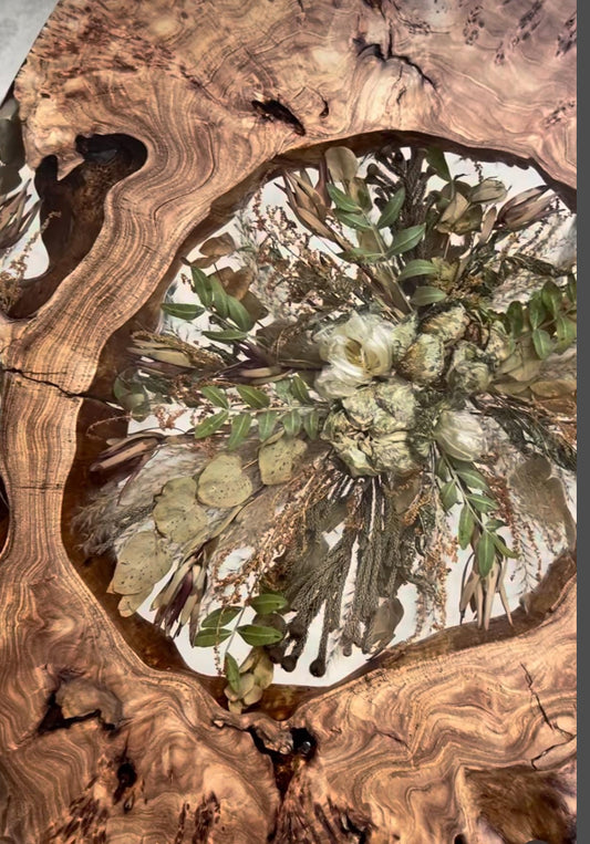 Handmade epoxy resin flower side table with beautiful live edge large 24" - heat and alcohol resistant top, customization available. preserve your flowers, bouquets.