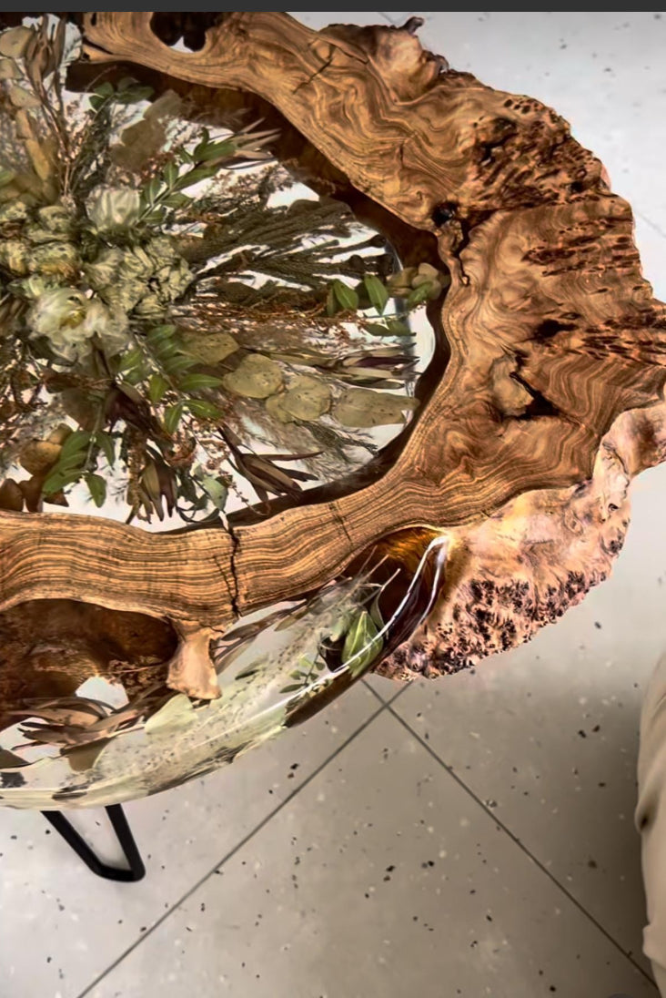 Handmade epoxy resin flower side table with beautiful live edge large 24" - heat and alcohol resistant top, customization available. preserve your flowers, bouquets.