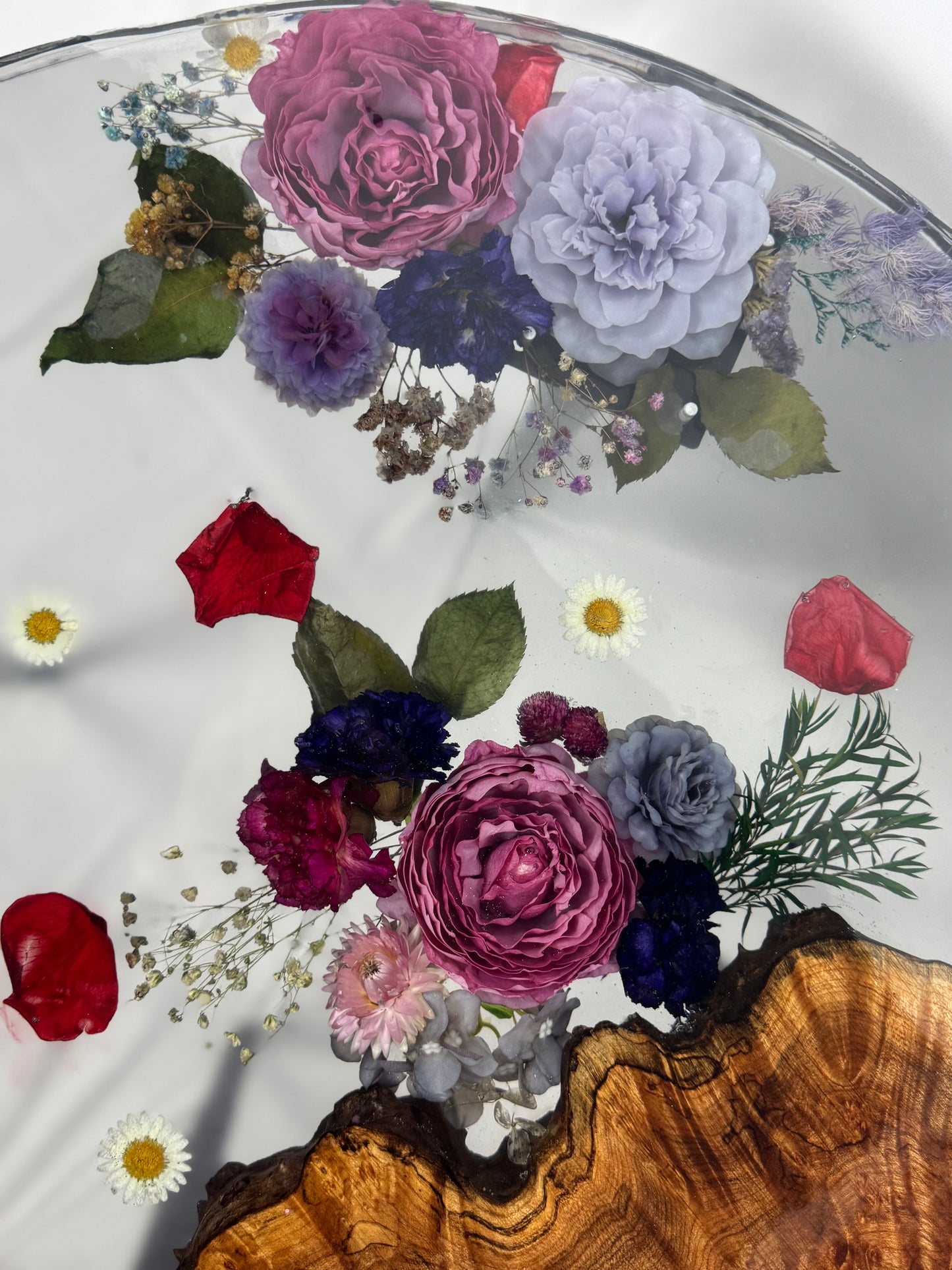 Handmade epoxy resin flower side table with beautiful maple burl live edge large 24" - heat and alcohol resistant top, customization available. preserve your flowers, bouquets