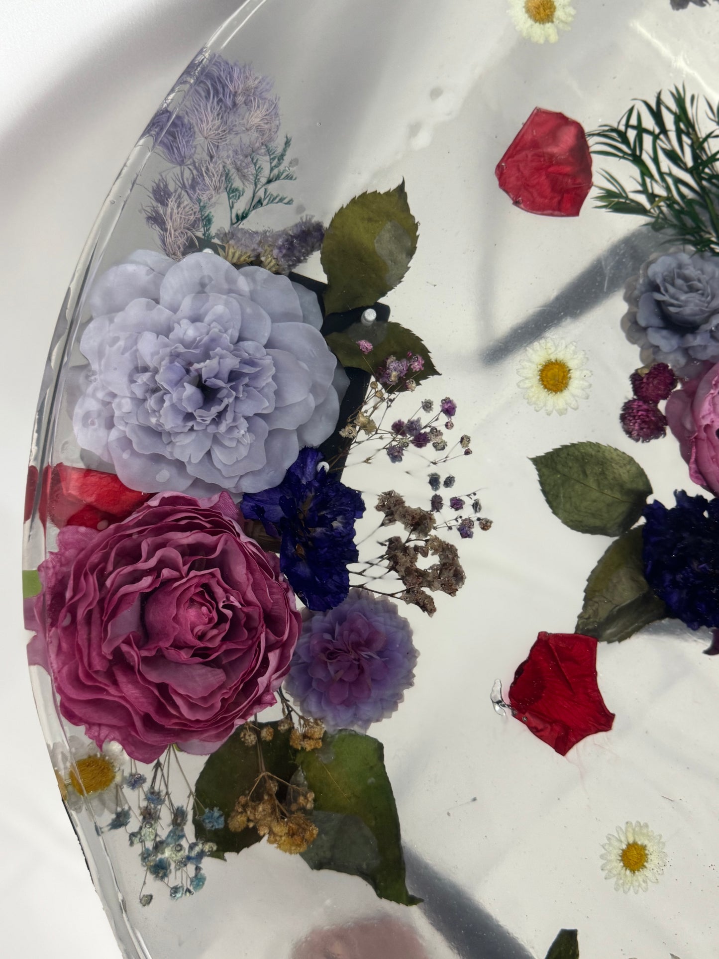 Handmade epoxy resin flower side table with beautiful maple burl live edge large 24" - heat and alcohol resistant top, customization available. preserve your flowers, bouquets