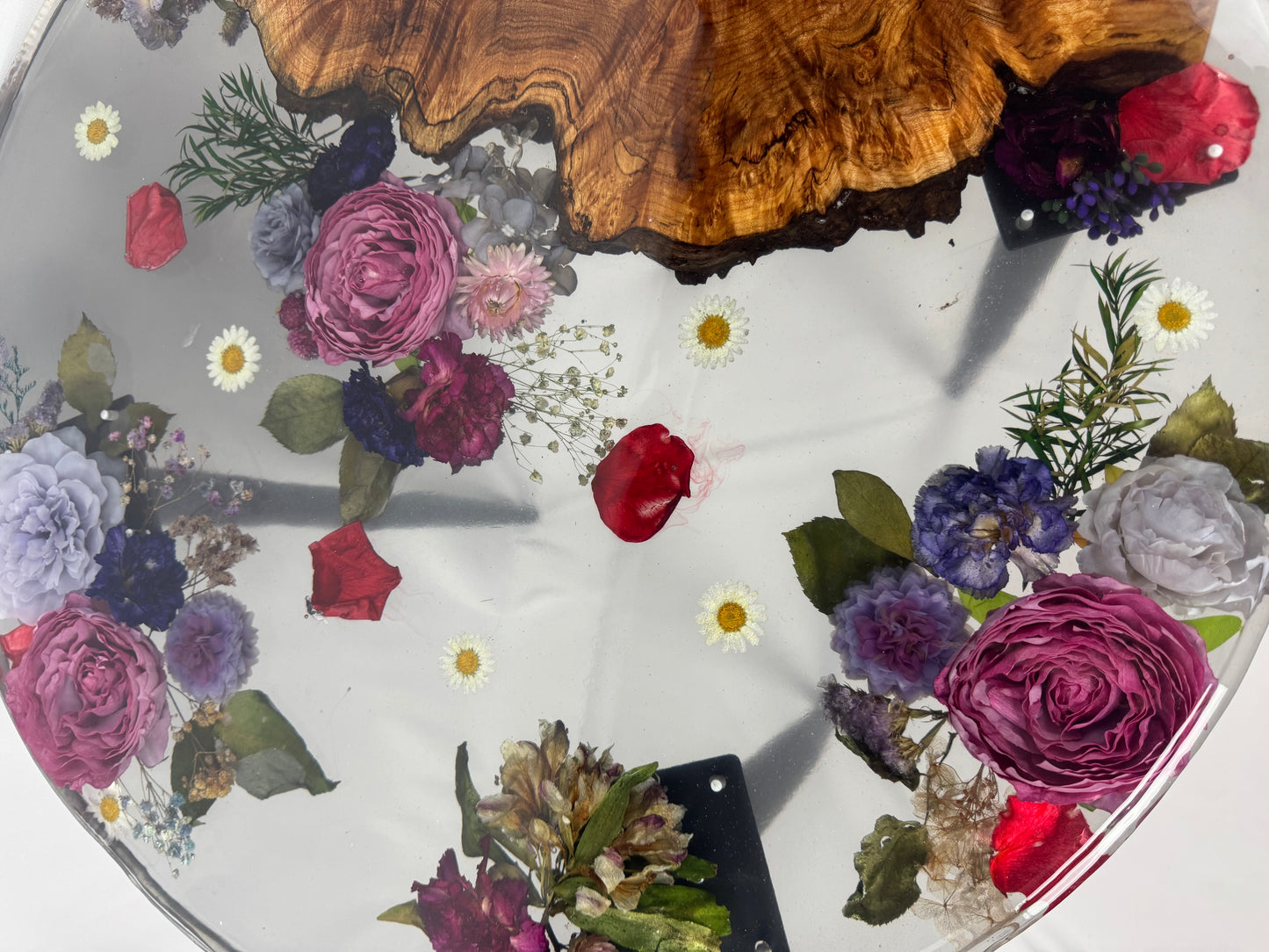 Handmade epoxy resin flower side table with beautiful maple burl live edge large 24" - heat and alcohol resistant top, customization available. preserve your flowers, bouquets