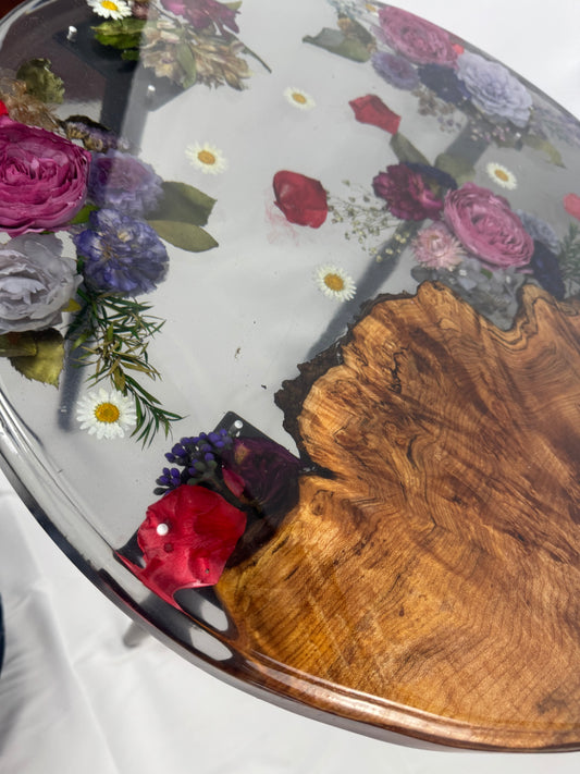 Handmade epoxy resin flower side table with beautiful maple burl live edge large 24" - heat and alcohol resistant top, customization available. preserve your flowers, bouquets