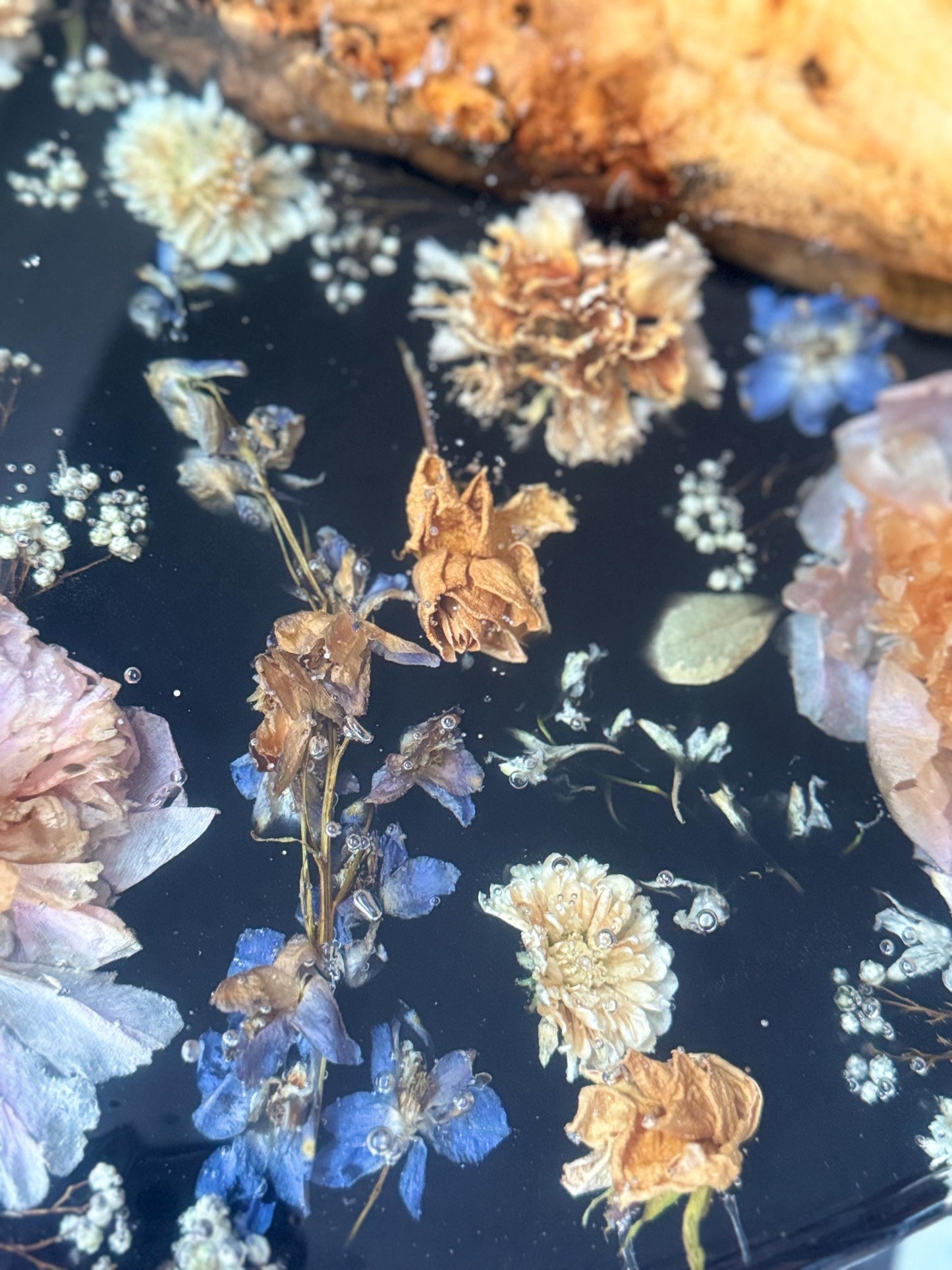 Handmade Live edge epoxy resin flower side table large 18" - heat and alcohol resistant top, customization available. preserve your flowers, bouquets