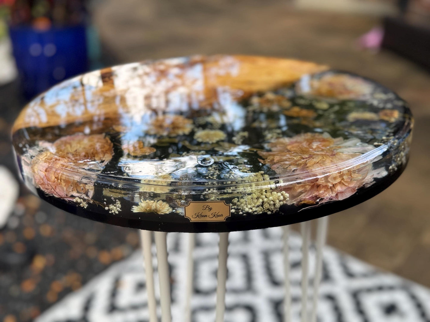Handmade Live edge epoxy resin flower side table large 18" - heat and alcohol resistant top, customization available. preserve your flowers, bouquets