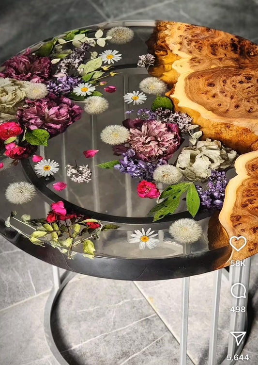 Handmade Live edge wood resin epoxy end table, coffee table -real dried flowers- Custom order available