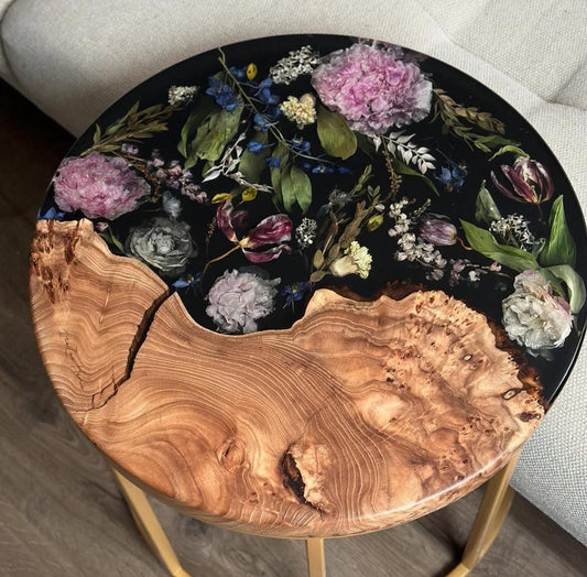 Handmade epoxy resin flower side table large 18" - heat and alcohol resistant top, customization available. preserve your flowers, bouquets