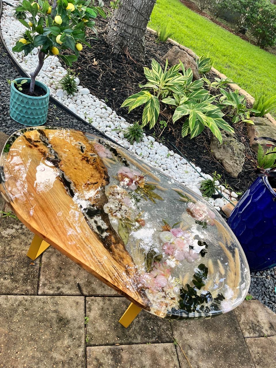 Handmade Live edge resin epoxy end table, coffee table oval -real dried flowers and beautiful spalted maple wood- Custom orders available