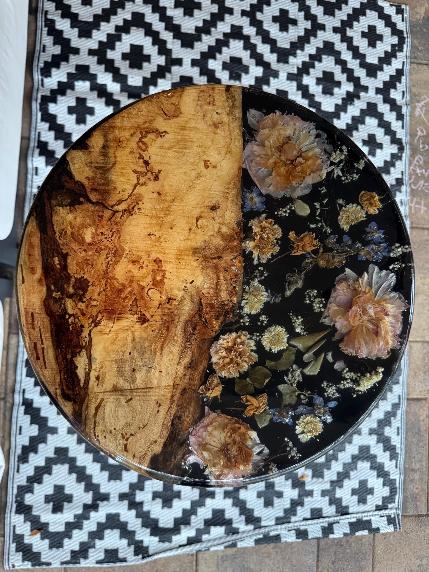 Handmade Live edge epoxy resin flower side table large 18" - heat and alcohol resistant top, customization available. preserve your flowers, bouquets
