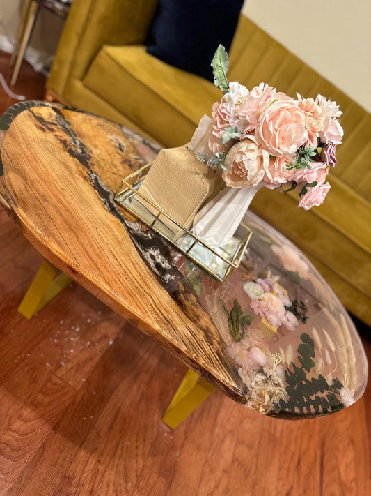 Handmade Live edge resin epoxy end table, coffee table oval -real dried flowers and beautiful spalted maple wood- Custom orders available